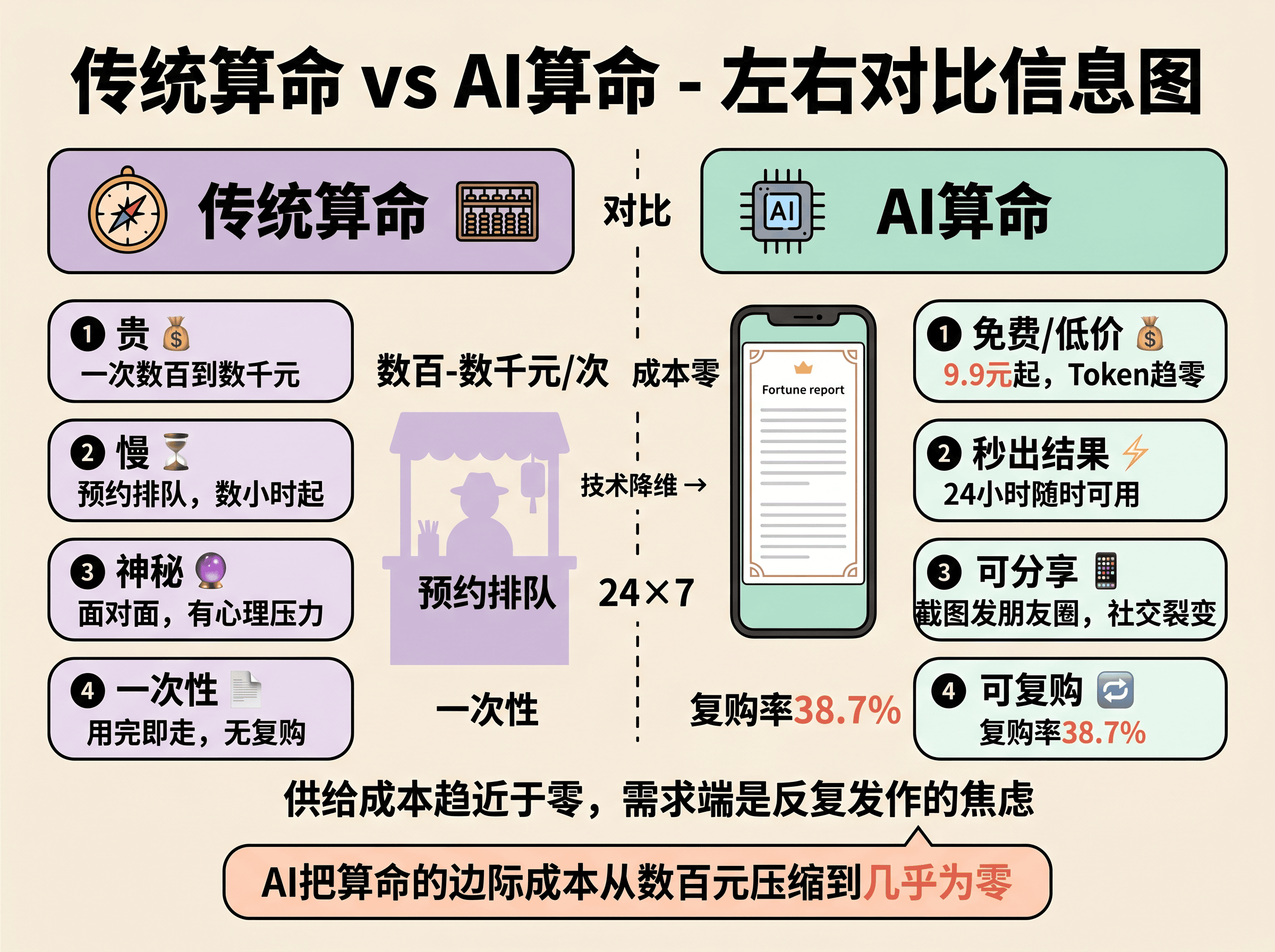 传统算命 vs AI算命：贵慢神秘一次性 vs 免费秒出可分享可复购