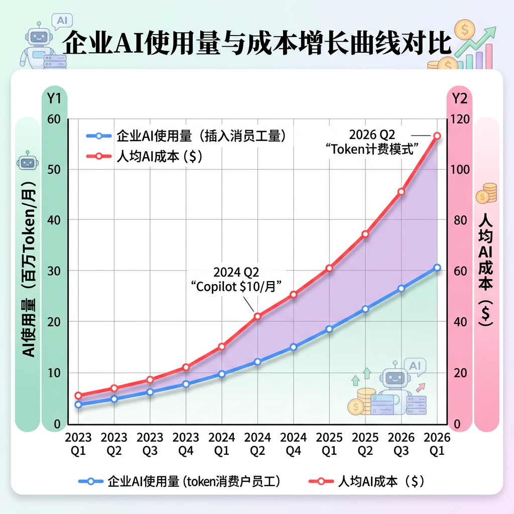 企业AI使用量与成本增长曲线对比图