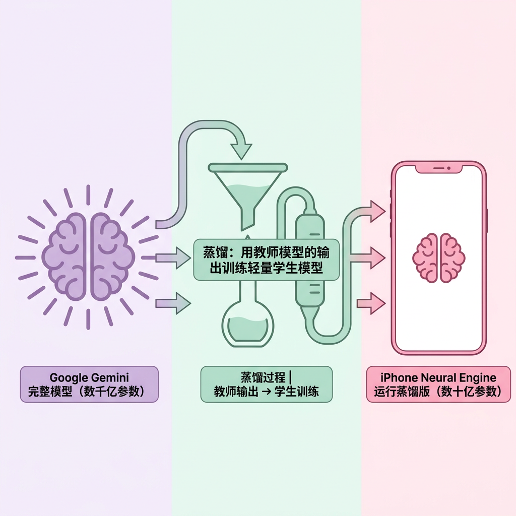 模型蒸馏技术示意图 — Gemini教师模型到iPhone端模型的流程