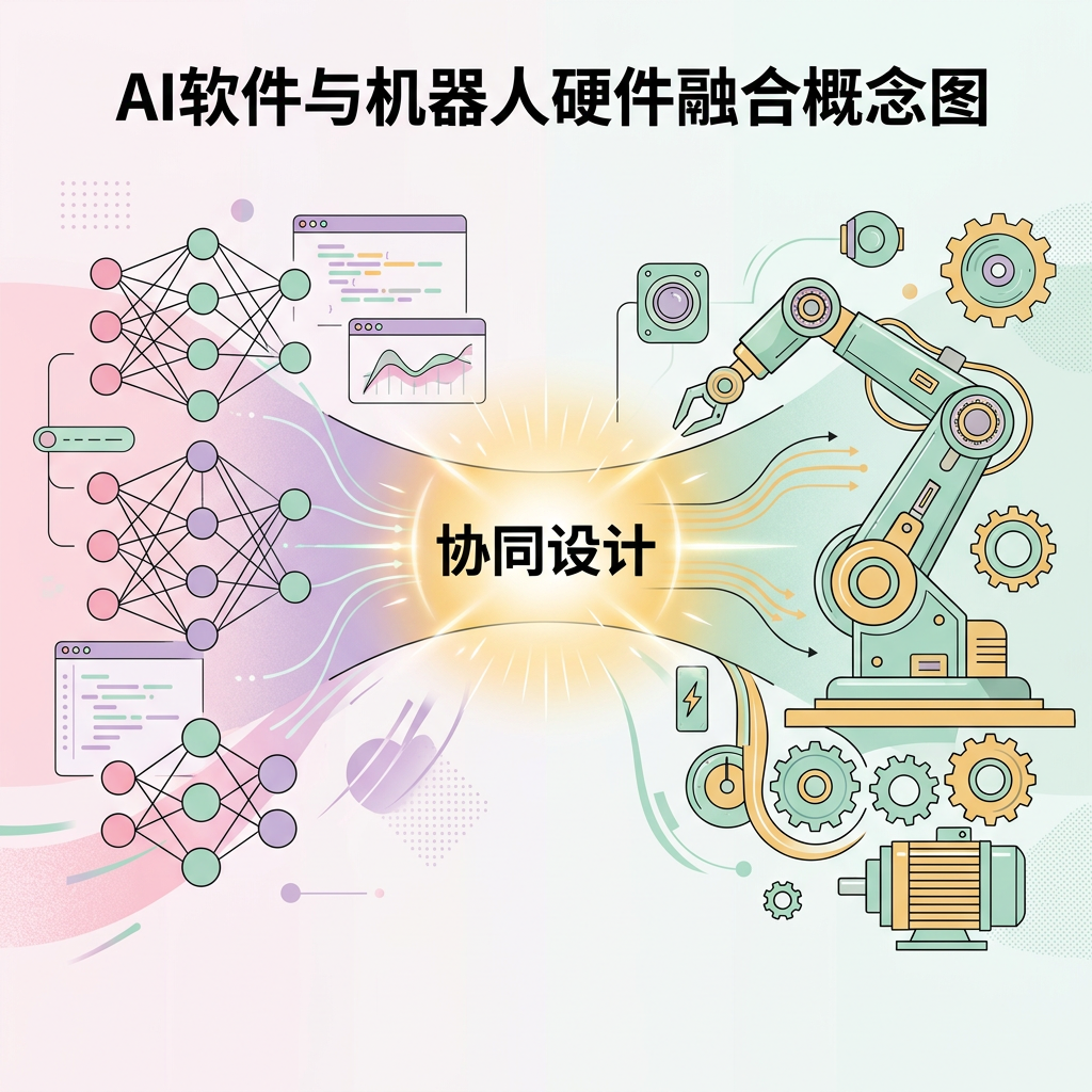AI软件与机器人硬件融合概念图 — 代码/神经网络与物理机械实体的连接