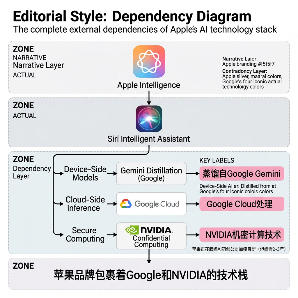 苹果AI技术栈依赖关系图 — 展示外部依赖链条