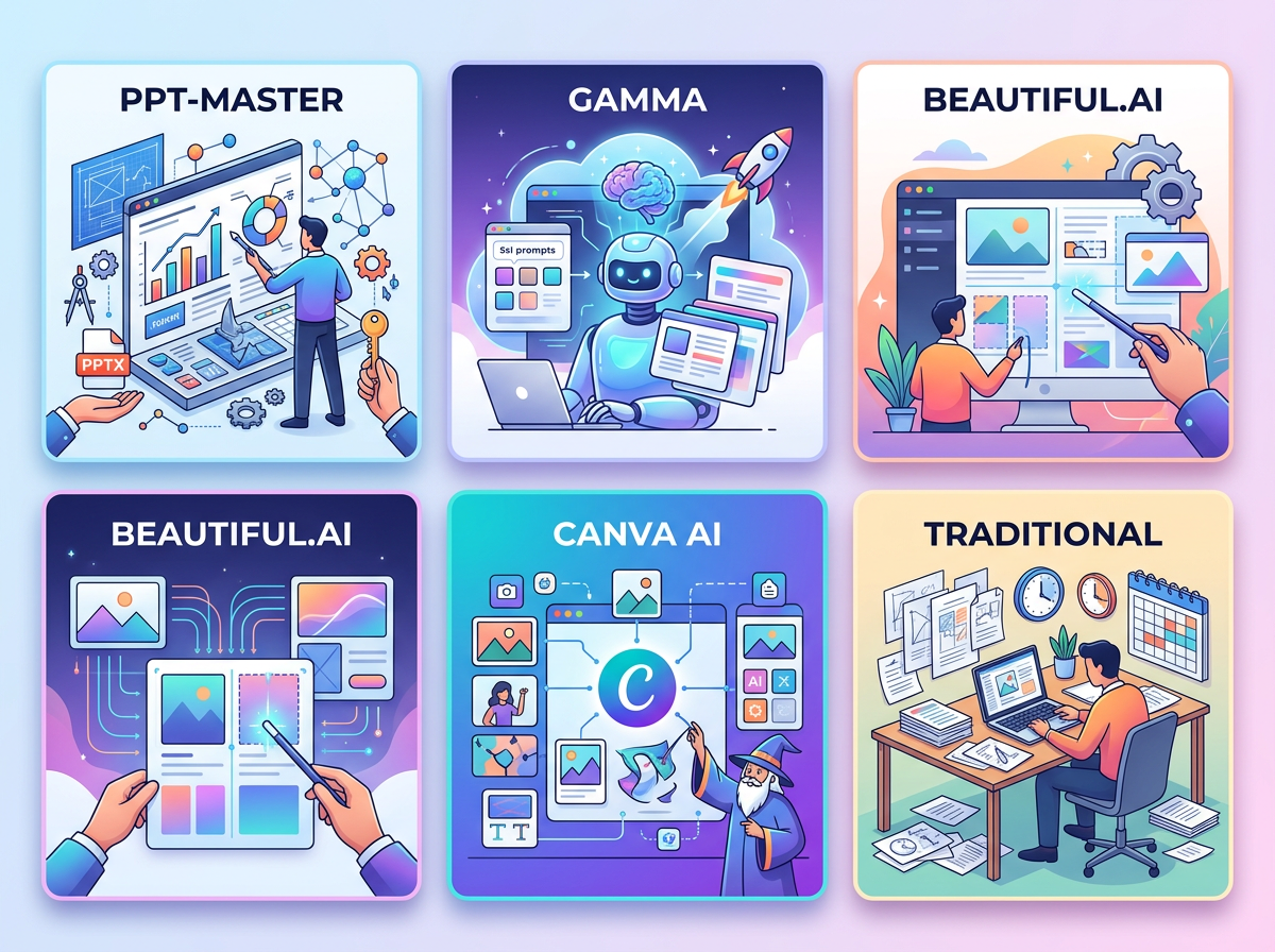 五工具对比：ppt-master原生pptx vs Gamma vs Beautiful.ai vs Canva AI vs 传统做法