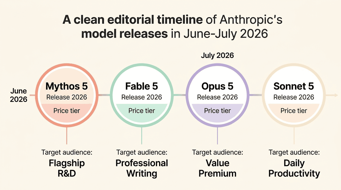 Anthropic 2026年6-7月四模型发布时间线：Mythos 5、Fable 5、Sonnet 5、Opus 5