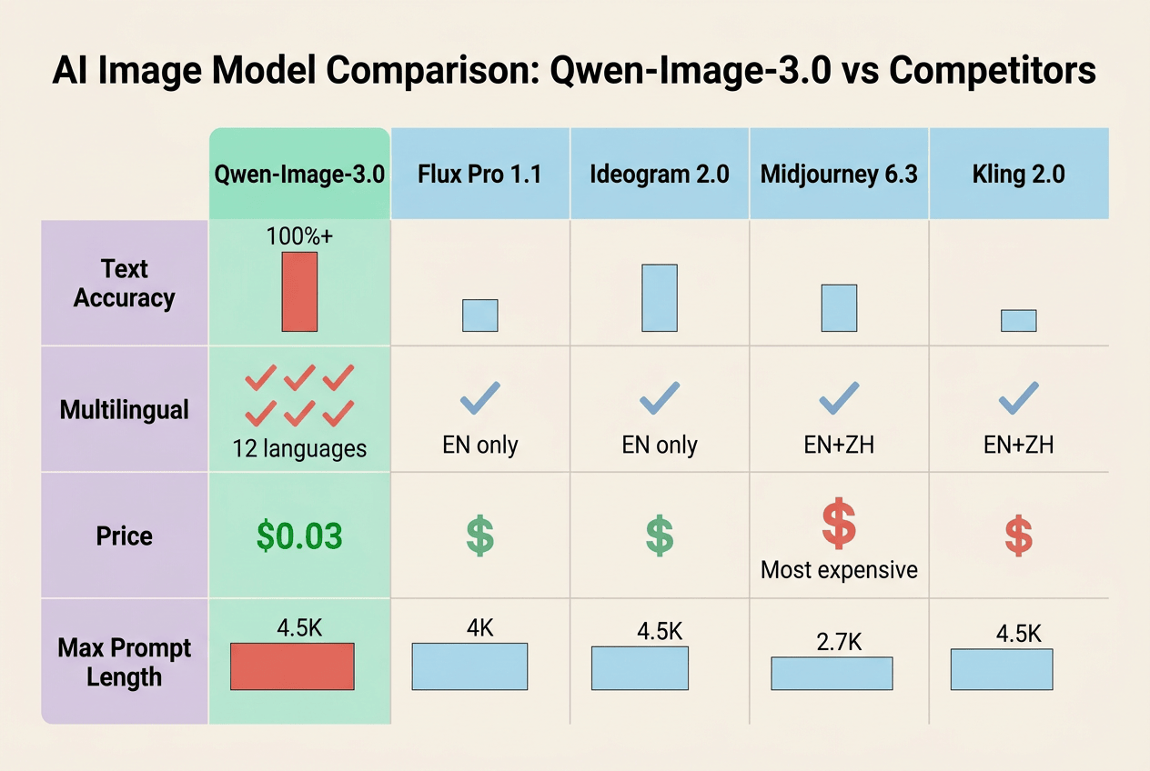 五大AI图像生成模型对比图 Qwen-Image-3.0与Flux Pro与Ideogram与Midjourney与Kling核心指标对照表