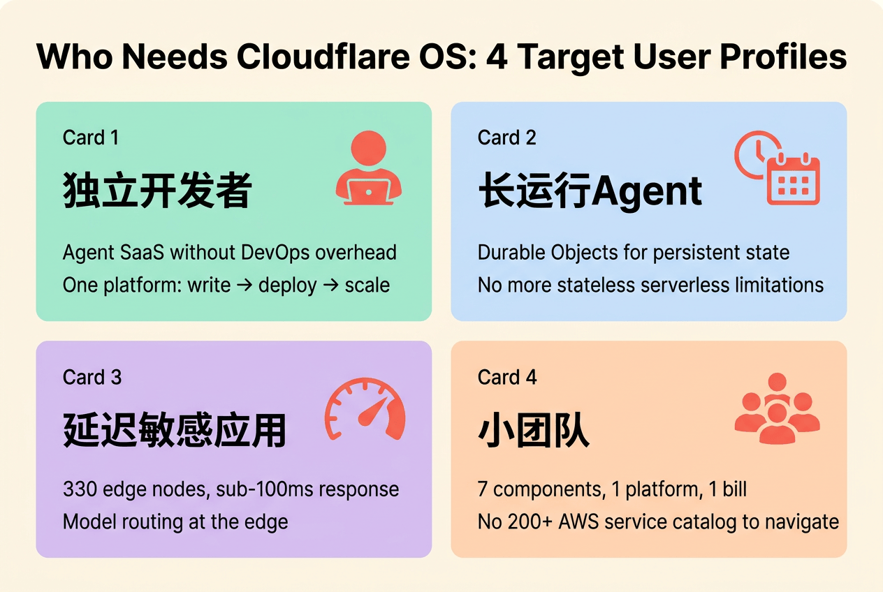 Cloudflare OS四类目标用户：独立开发者Agent SaaS、长运行Agent、延迟敏感应用、小团队统一平台
