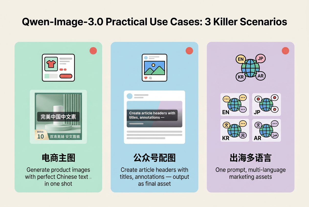 Qwen-Image-3.0三大应用场景 电商主图生成与公众号配图与多语言出海营销素材