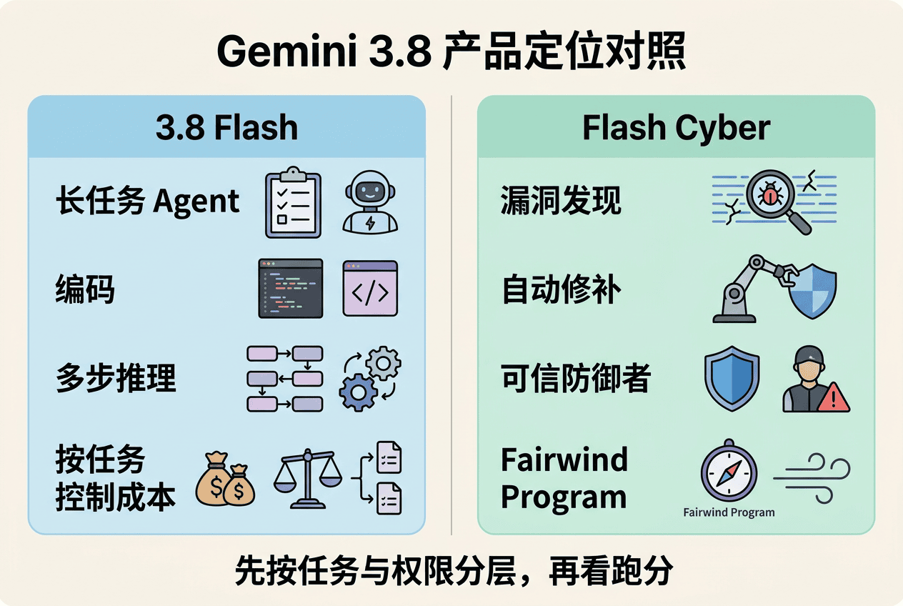 Gemini 3.8 Flash 与 Flash Cyber 的定位对照图
