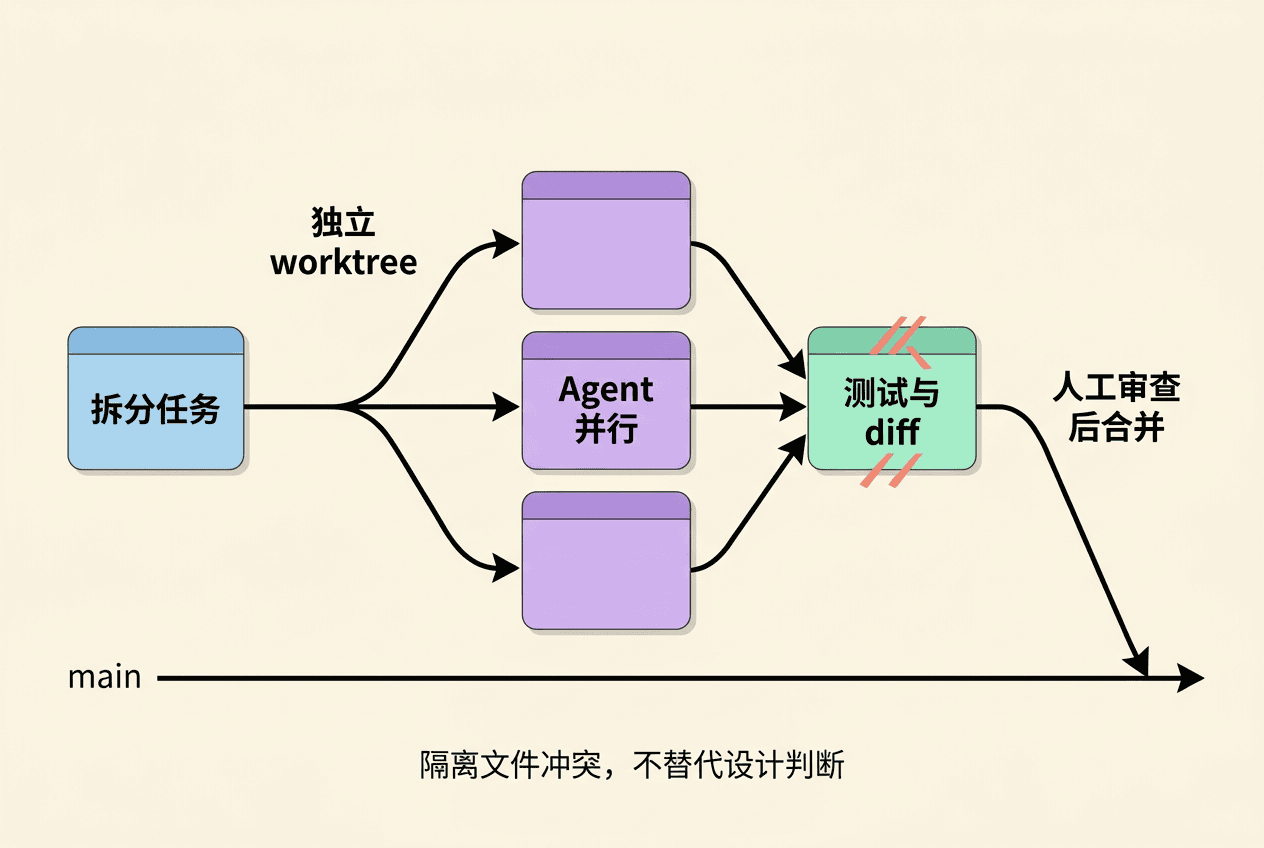Kilo Code 用独立 worktree 隔离并行 Agent 后再测试和人工合并