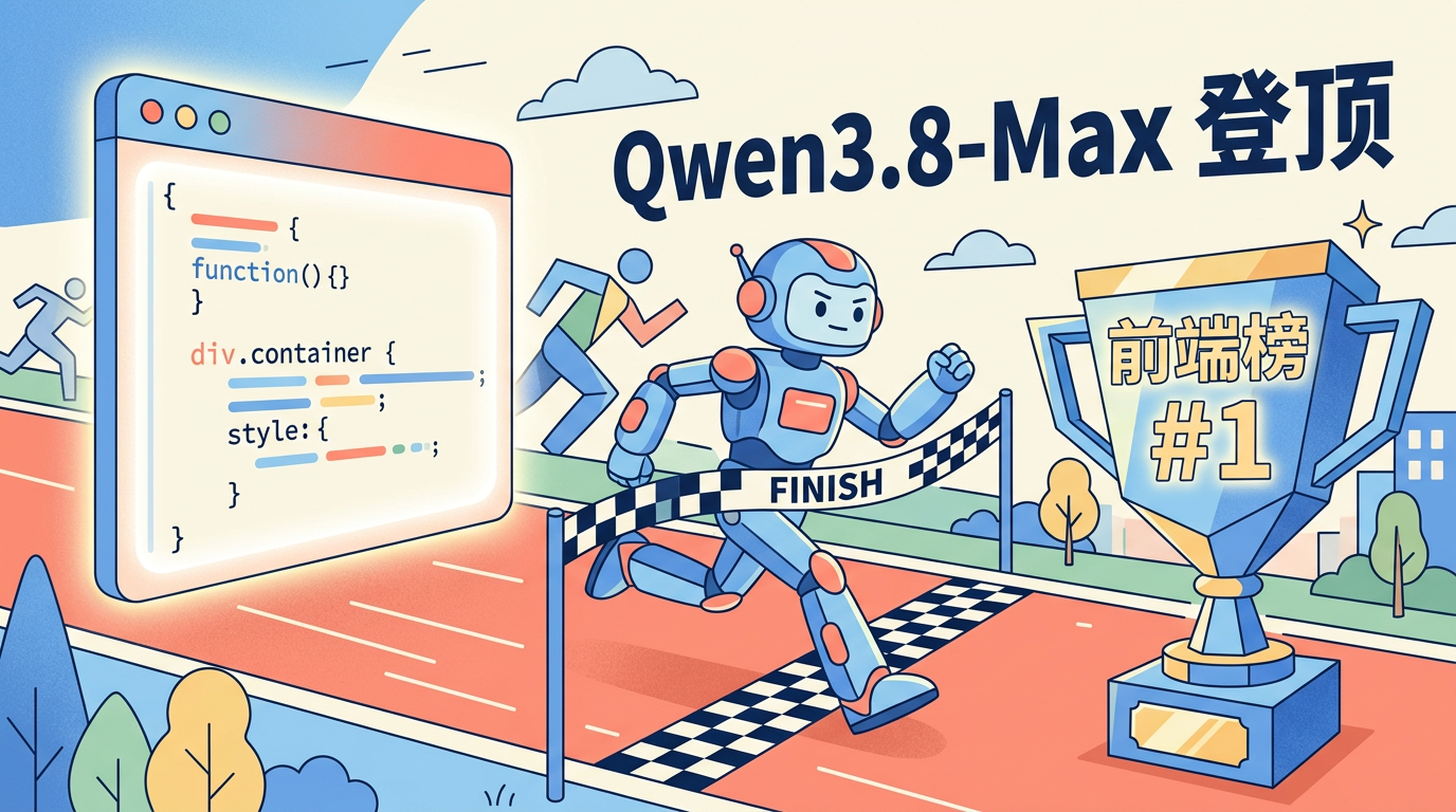 Qwen3.8-Max 在 Arena 前端开发榜登顶的插画