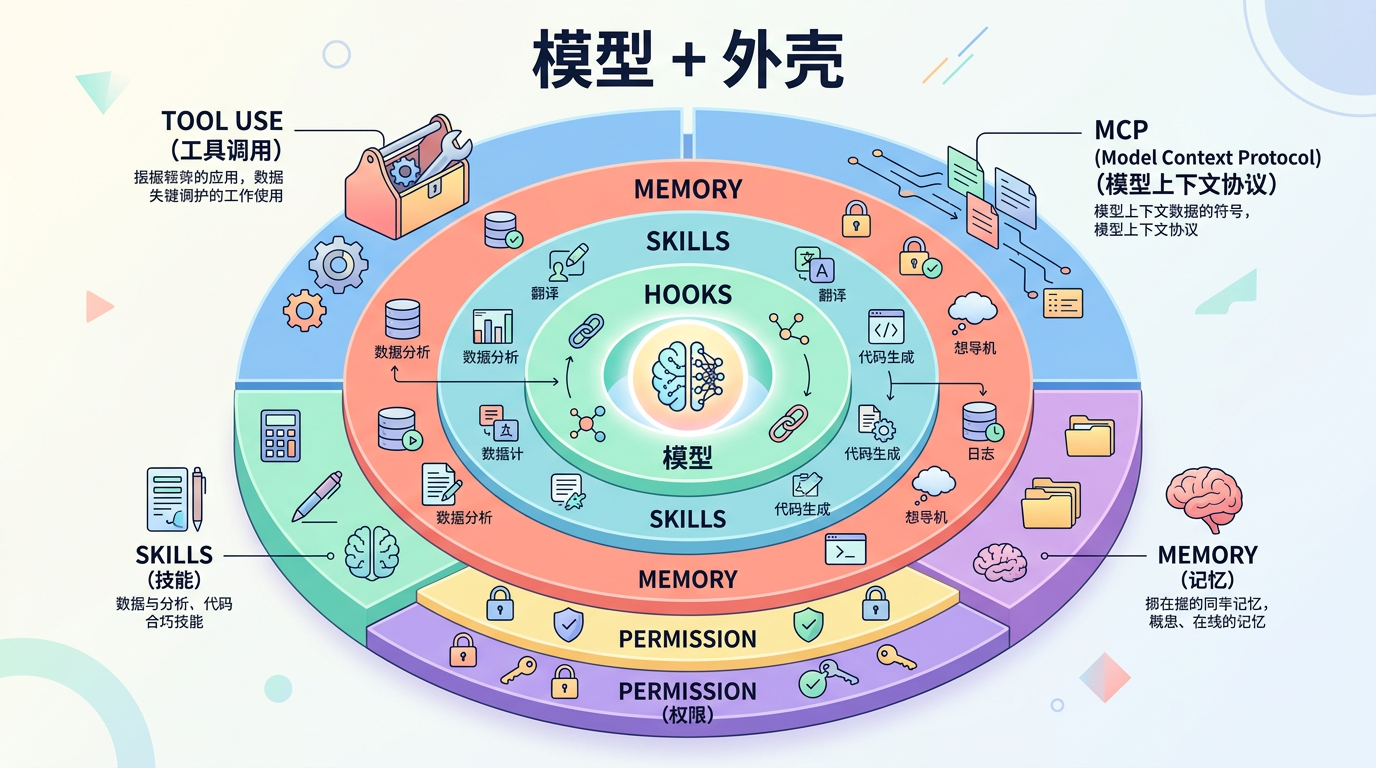 AI Agent 外壳分层架构的插画